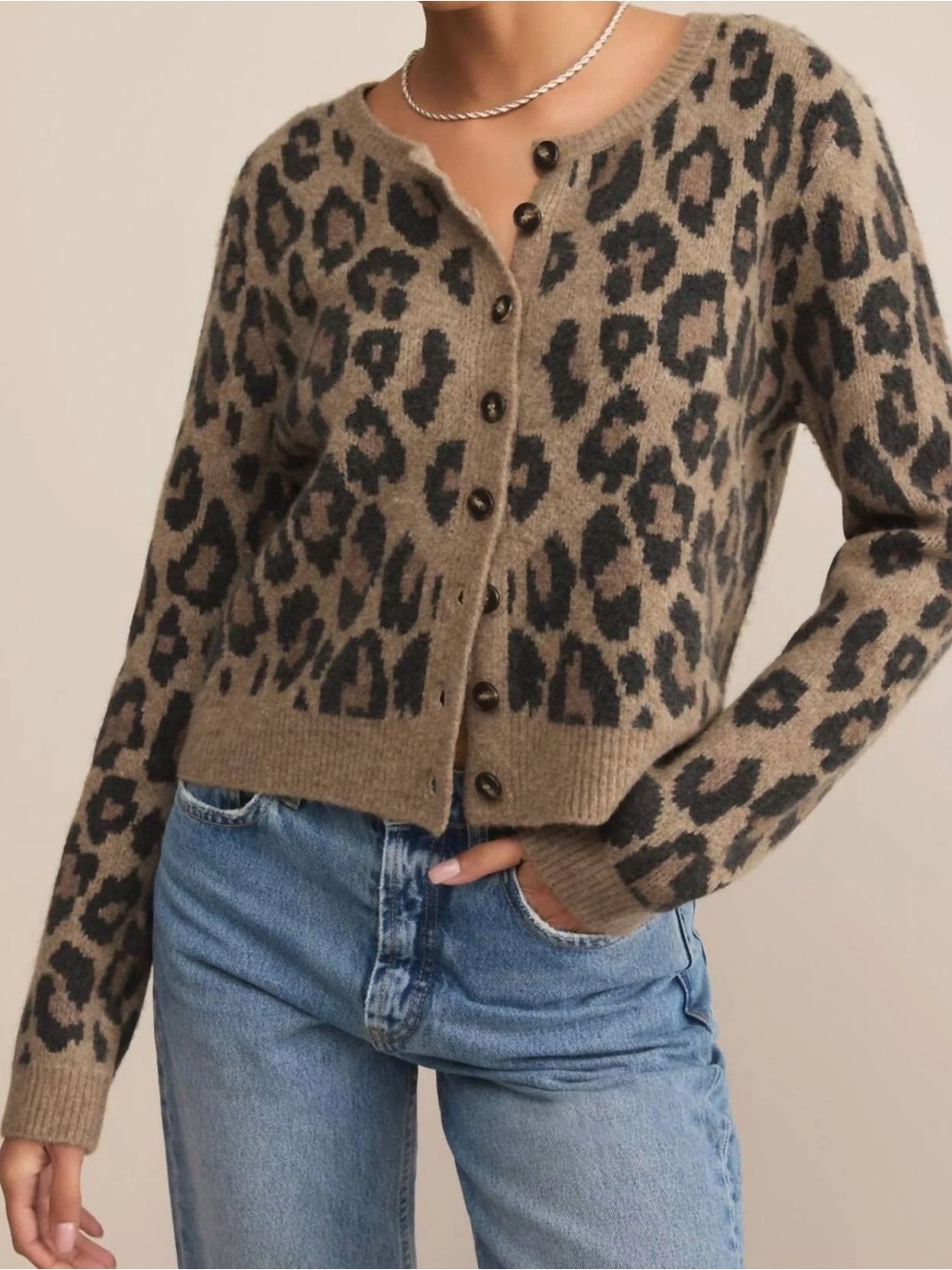 Z Supply Wild Outlook Leopard Print Button-Front Cardigan Sweater in Desert Tan